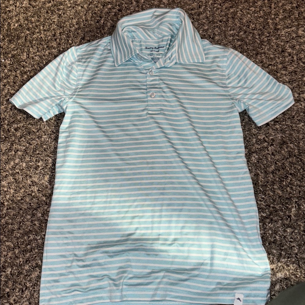Tommy Bahama Aqua and White Striped Polo